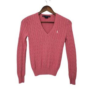 Ralph Lauren Sport Cable Knit V-Neck Sweater Womens Size S Pink Classic Preppy